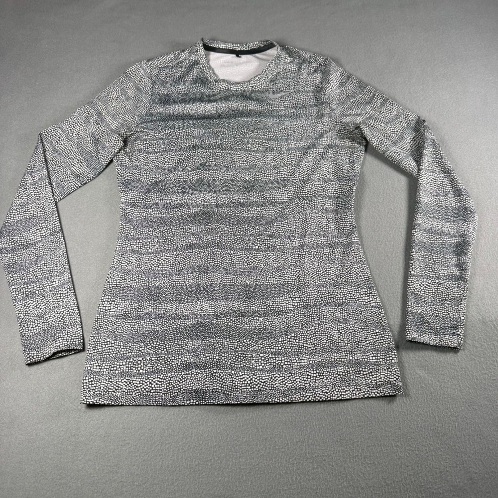 Nike Golf Womens M Dri-FIT Long Sleeve Top Black White Mosaic Print Crew Neck